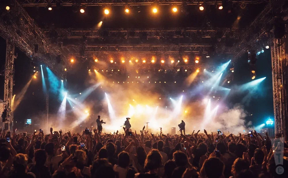 A band performs on a brightly lit stage at a music festival with a large crowd cheering.