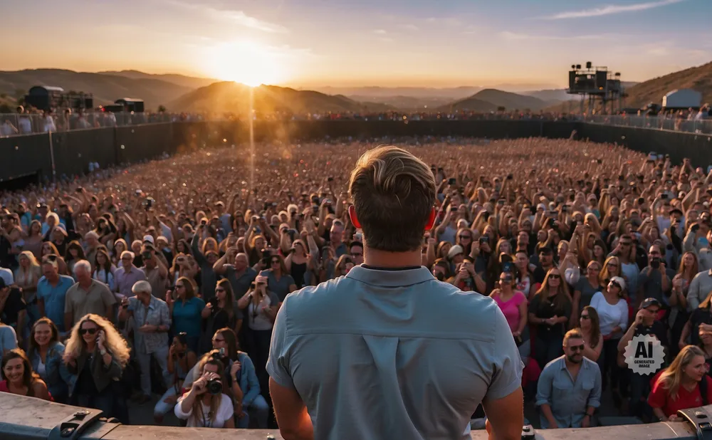 Man facing away from the camera, looking out at a large concert crowd at sunset.