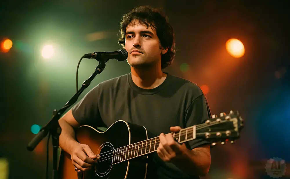 A man plays an acoustic guitar and sings into a microphone on a dimly lit stage with colorful lights.