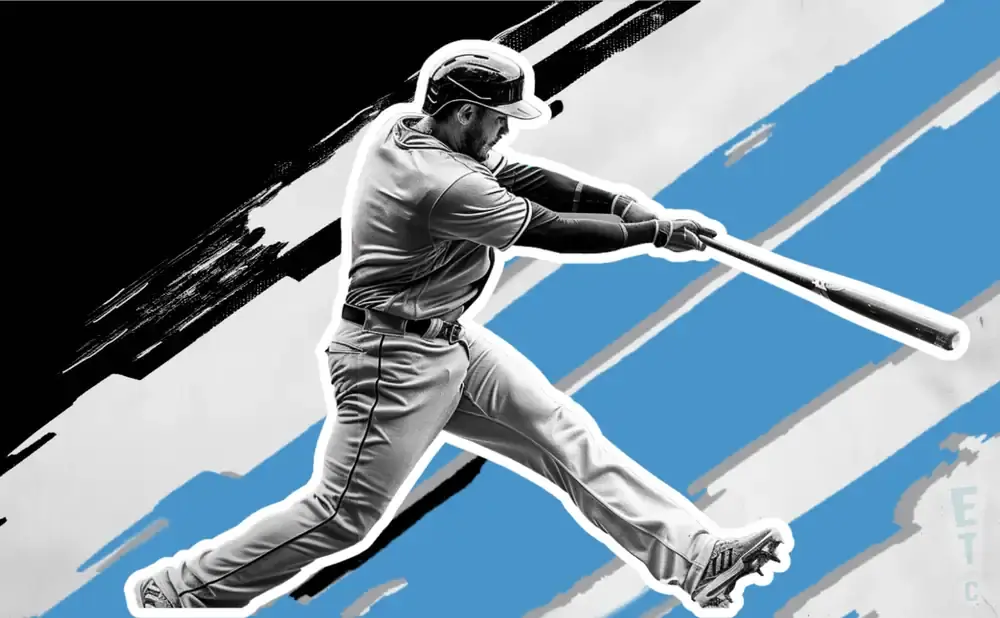 A baseball player swings at a bat against a background of black, white, and blue brush strokes.