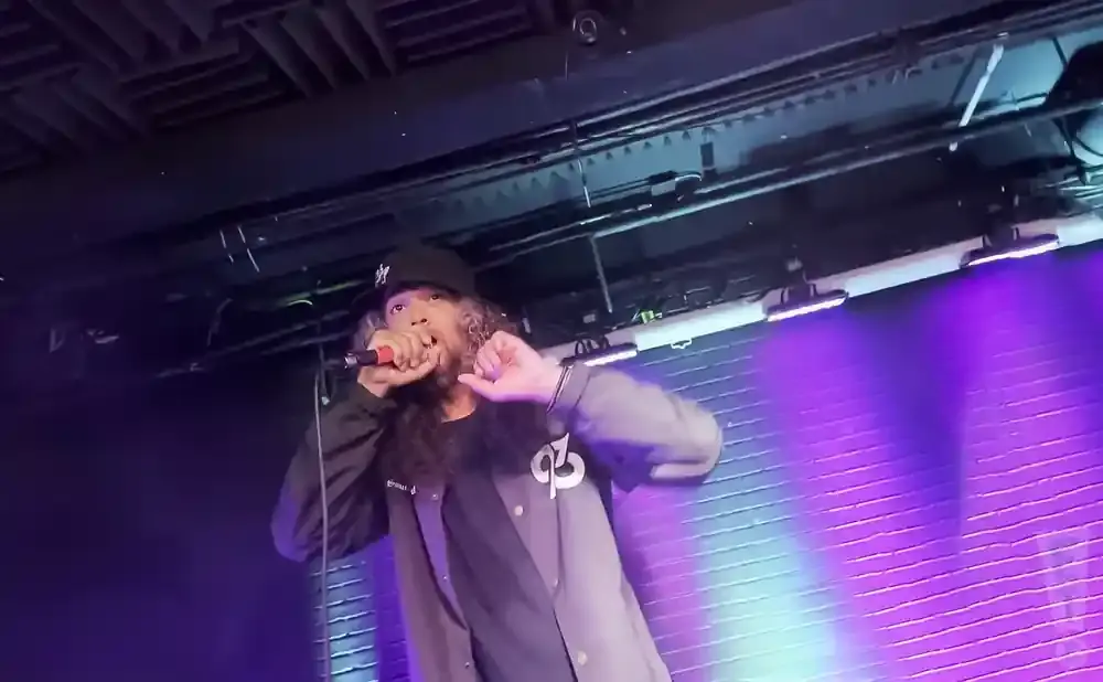 A rapper with long, curly hair and a baseball cap holds a microphone and performs on stage with purple and blue lights.