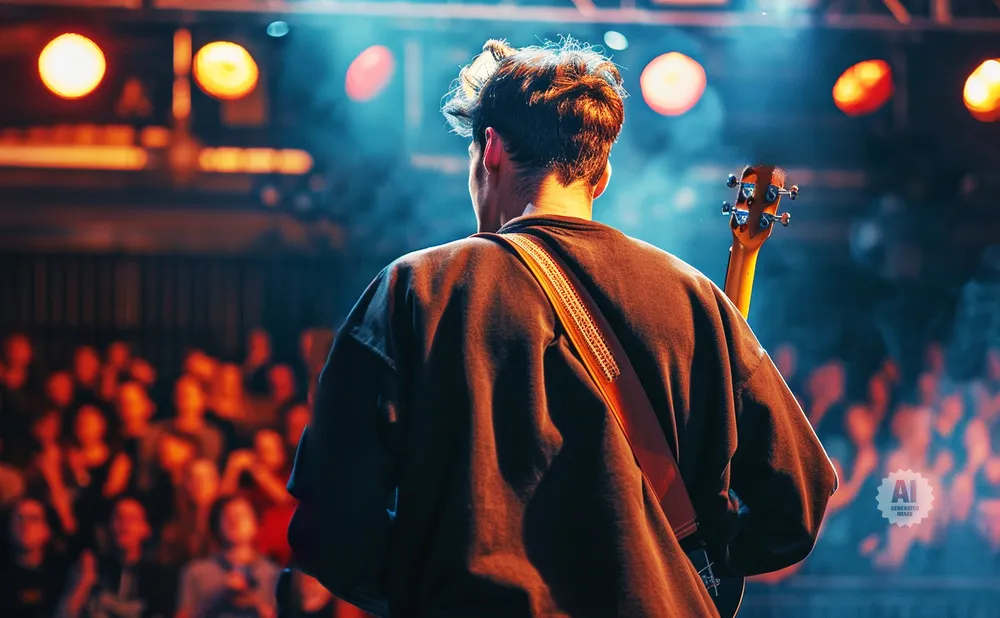 A guitarist plays on stage in front of a blurred audience, with bright stage lights illuminating the scene.
