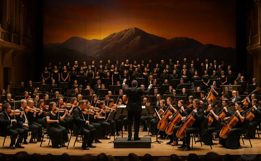 An orchestra and choir perform on stage with a painted mountain backdrop.