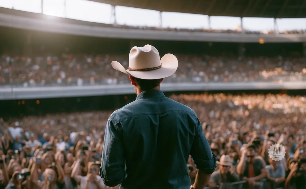 A man in a cowboy hat and blue shirt stands on a stage facing a large, cheering crowd at a stadium.