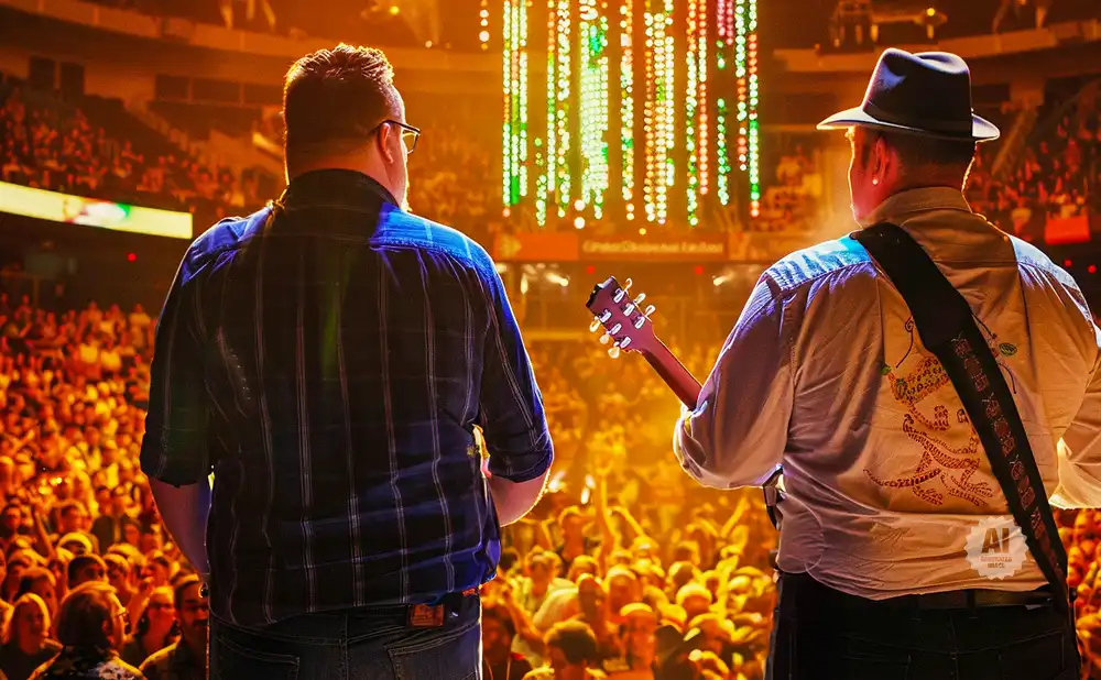 Two musicians on stage with a cheering crowd and colorful lights behind them.