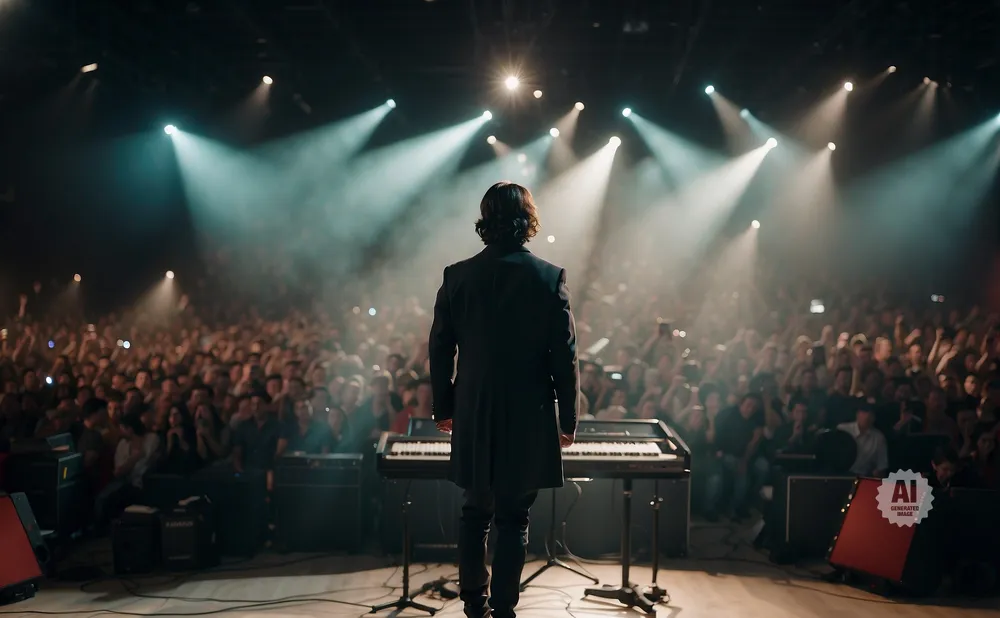 A musician stands on stage facing a large, cheering crowd, bathed in stage lights.
