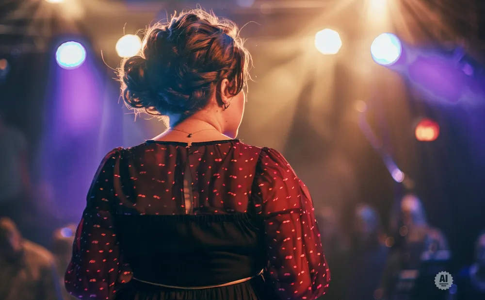 Woman on stage with back to camera, facing bright lights.