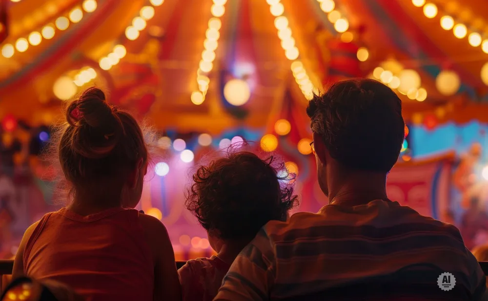 A family watches a brightly lit carnival ride at night.