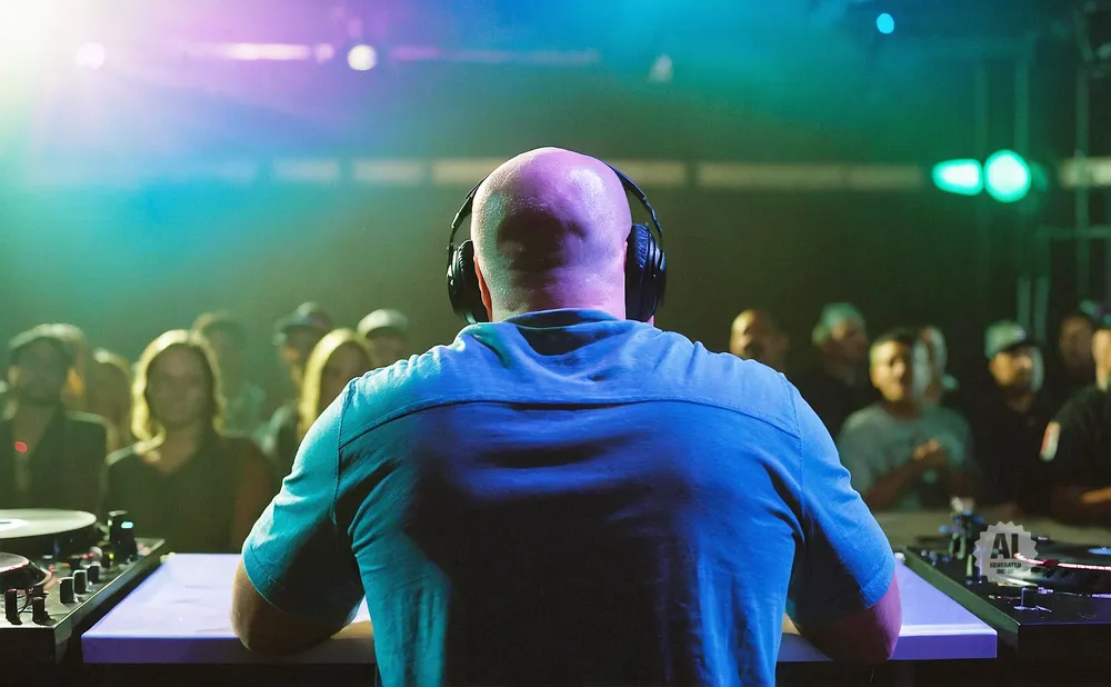 A bald DJ with headphones faces a crowd, with colorful lights illuminating the scene.