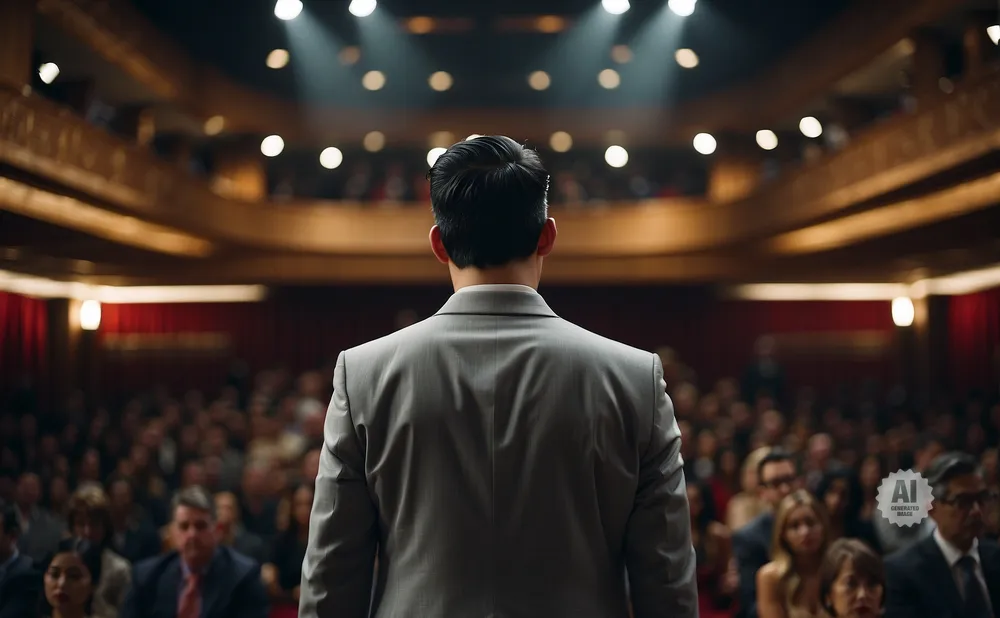 A man in a suit stands on stage facing an audience in a theater.