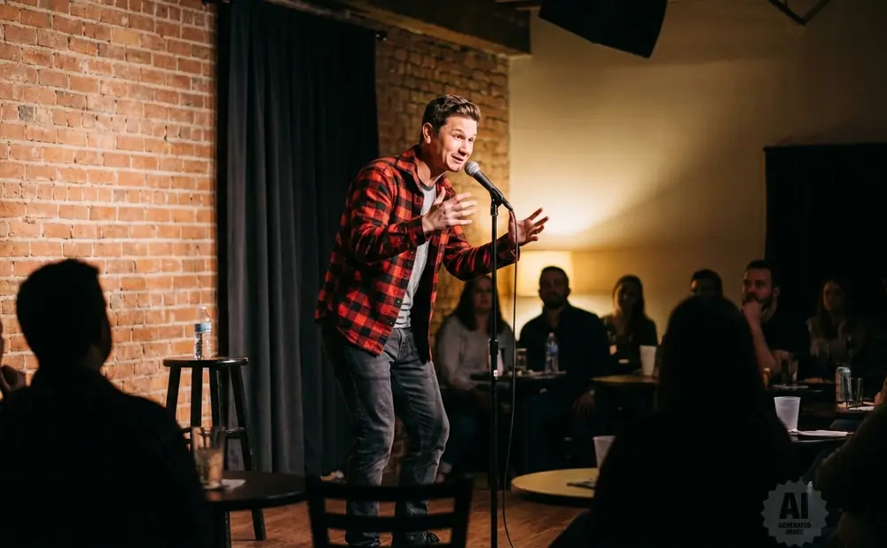 A comedian performs on stage in front of a red curtain and brick wall, holding a microphone.