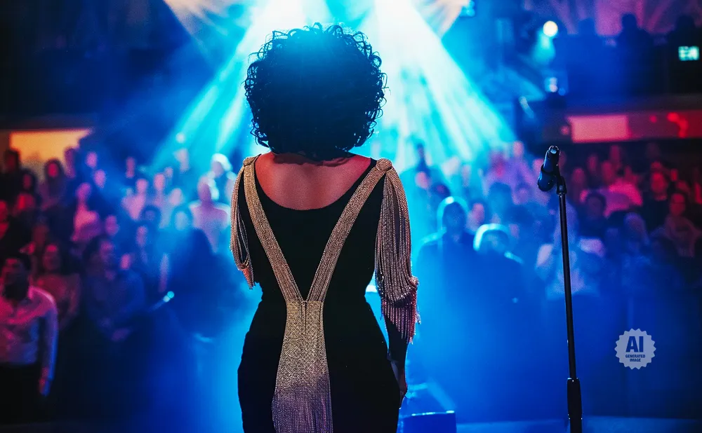 Singer with voluminous dark hair and a black dress with sparkly fringe stands on stage, facing an audience.