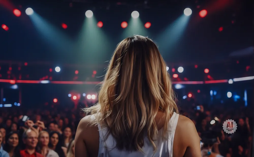 Back of a woman with blonde hair on stage in front of a cheering crowd, with stage lights above.