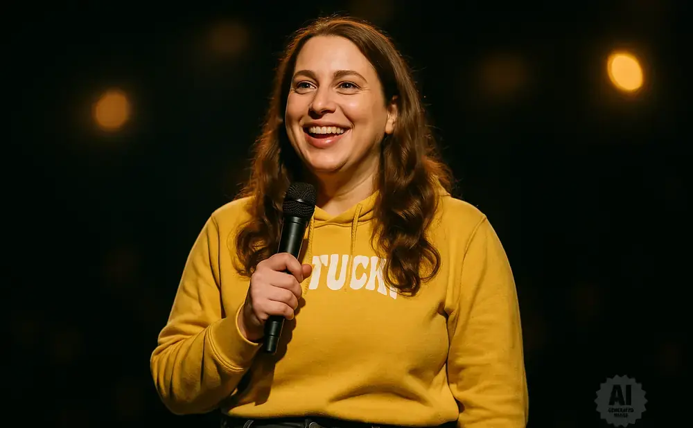 A woman smiles while holding a microphone and wearing a yellow hoodie with the word 
