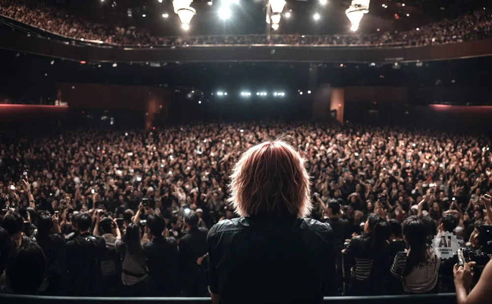 A performer with pink-streaked hair faces a large, cheering crowd at a concert.