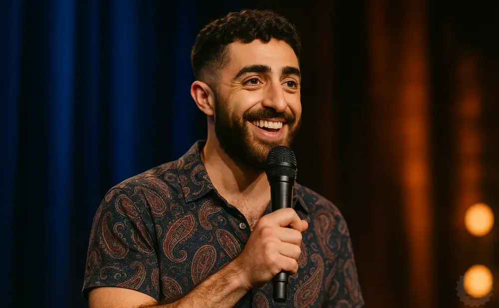 A smiling man with dark, curly hair and a beard holds a microphone and wears a patterned shirt.