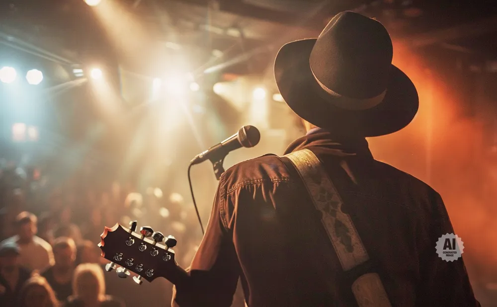 A musician in a cowboy hat plays a guitar on stage, bathed in spotlight.