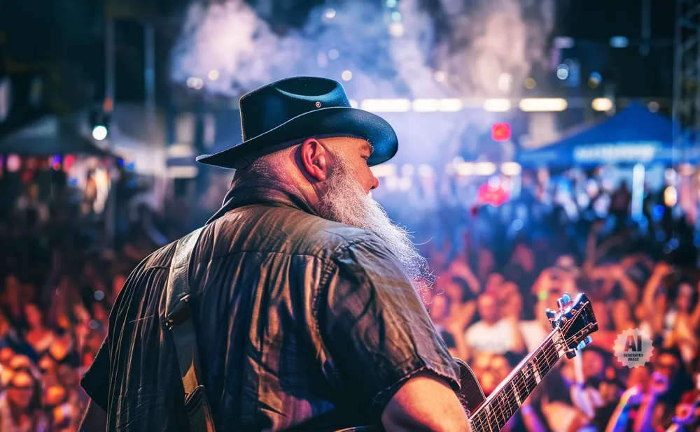 Musician with a long white beard and cowboy hat plays guitar on stage at a concert.