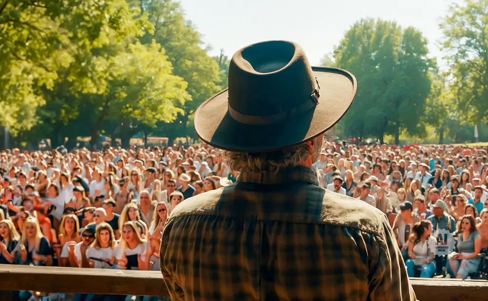 A man in a hat addresses a large outdoor crowd.