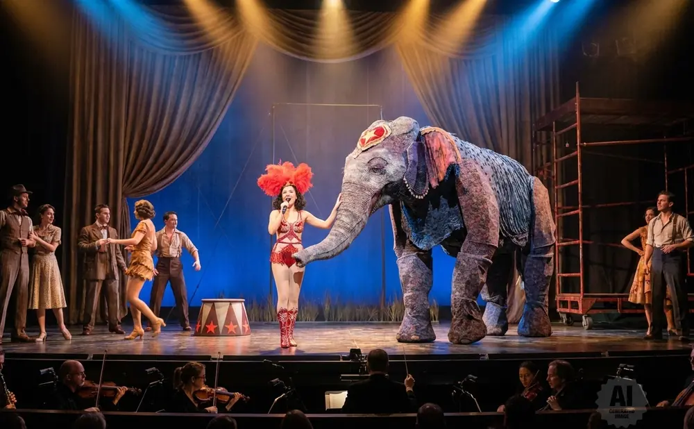 Performers on stage with an elephant and circus tents, an orchestra in the foreground.