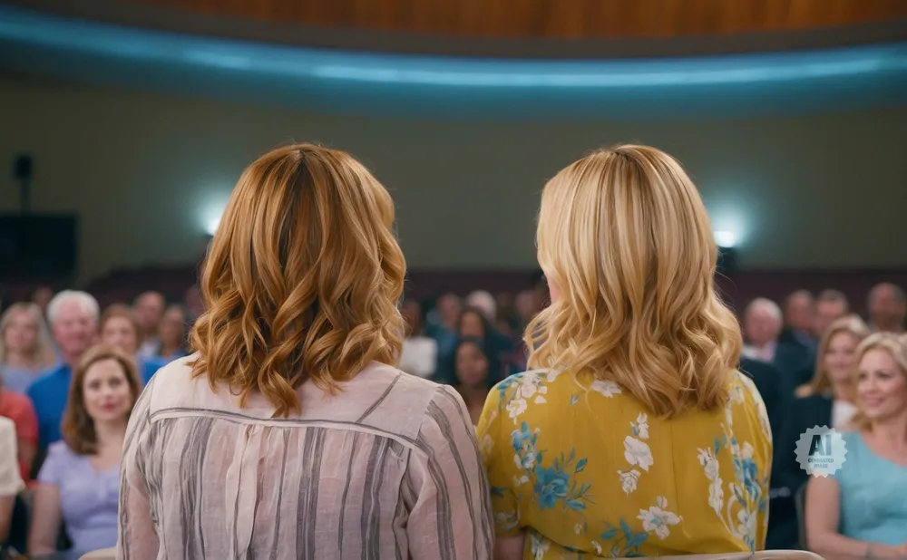 Two women with blonde hair are seen from behind, facing an audience in an auditorium.