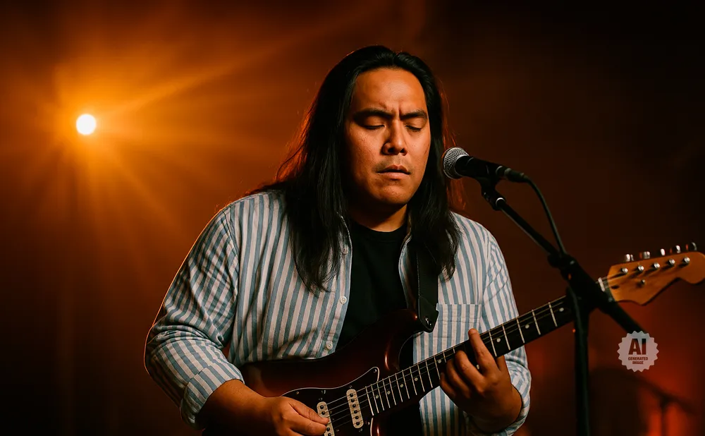 A person plays a guitar and sings into a microphone under warm stage lighting.