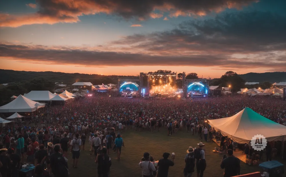 A massive outdoor concert crowd enjoys a sunset performance at a festival with multiple stages and tents.