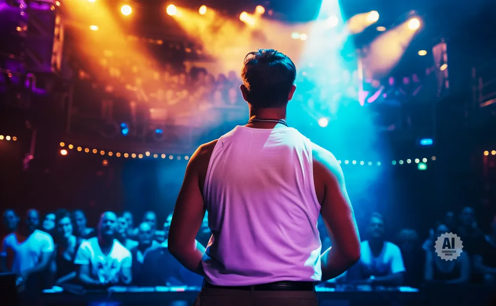 Man in white tank top on stage, facing crowd, bathed in colorful stage lights.
