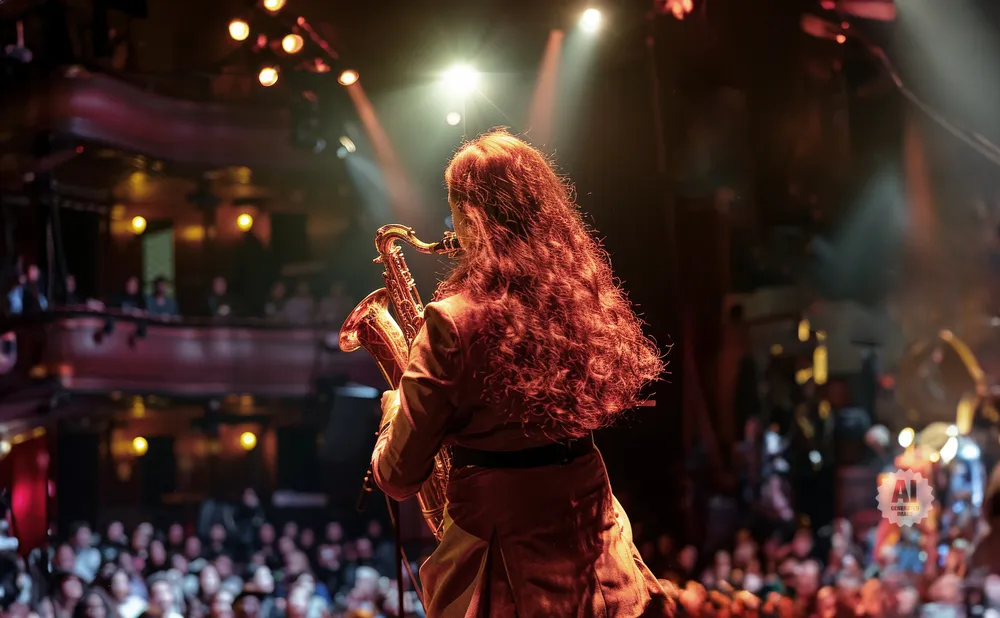 A musician with long, wavy red hair plays a saxophone on a dimly lit stage in front of an audience.