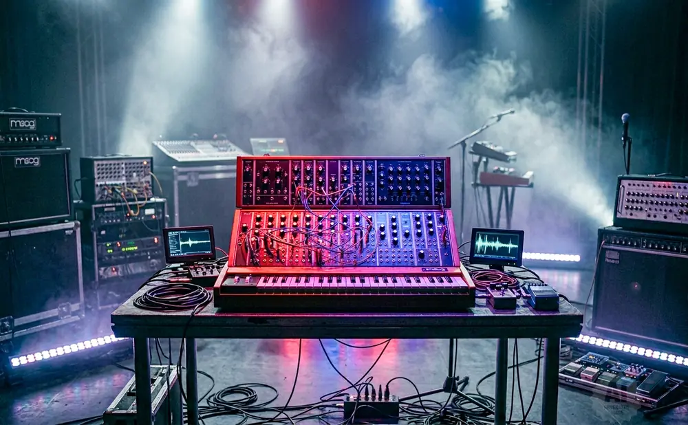 A vintage modular synthesizer with a keyboard, surrounded by amplifiers, effects pedals, and lighting effects on a stage.