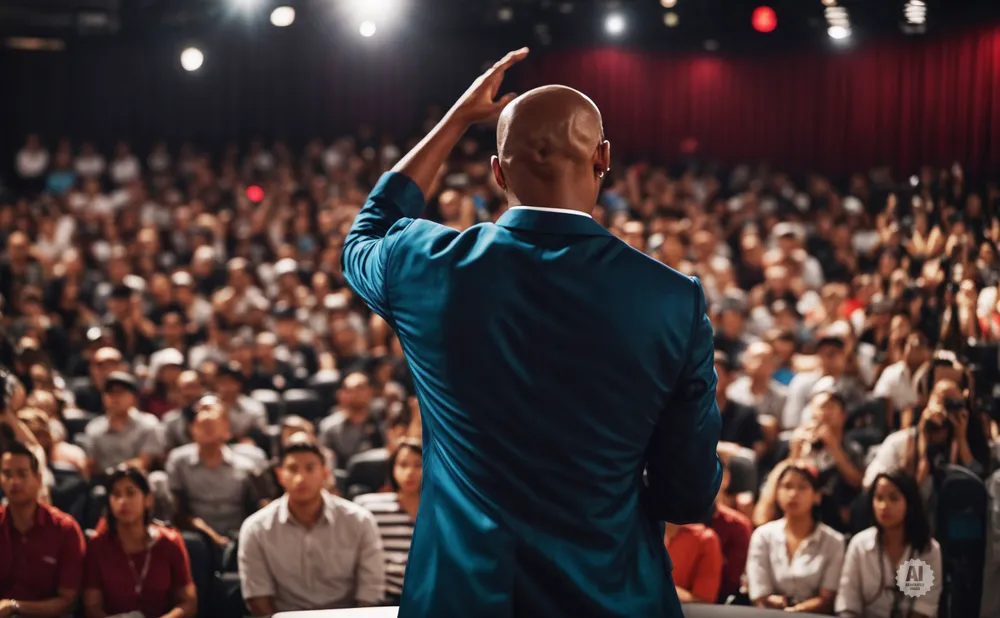 A speaker in a teal suit gestures to a large, seated audience in a theater.