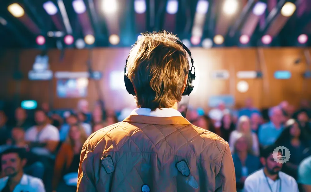 A person wearing headphones faces a blurred audience in a room with stage lights.