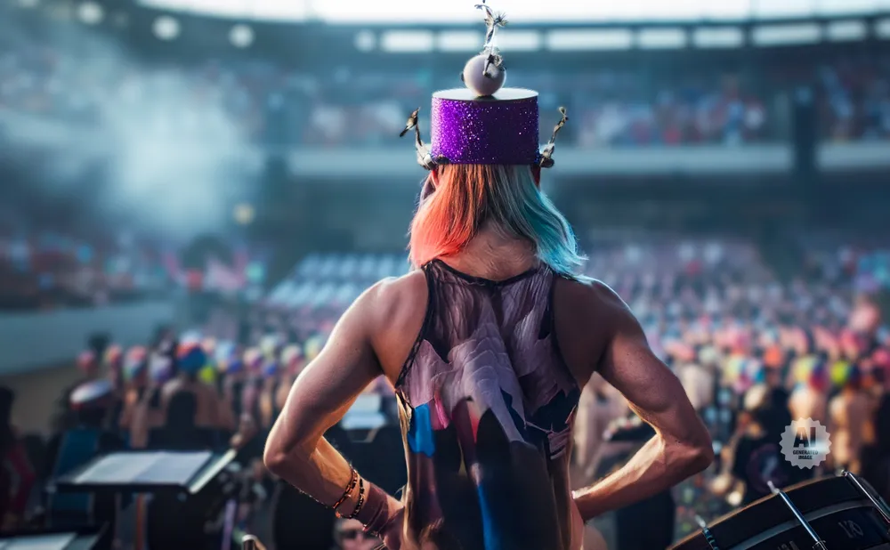 Person with colorful hair and a sparkly hat on stage at a concert.