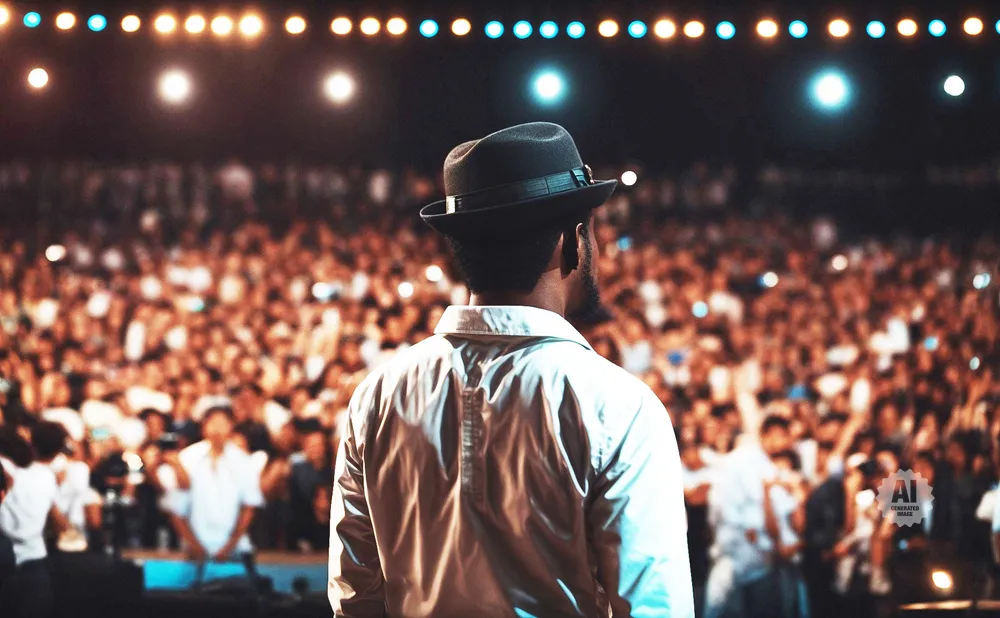 Man in a fedora and light jacket faces a large, blurred crowd under stage lights.
