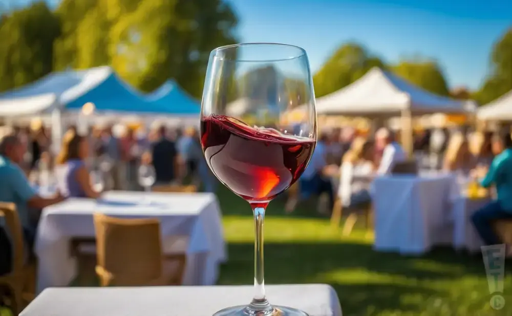 A glass of red wine swirls in the foreground, with a blurred outdoor event and tents in the background.
