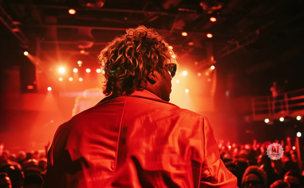 A person with curly hair in a red jacket stands on a stage in front of a crowd, illuminated by red lights.