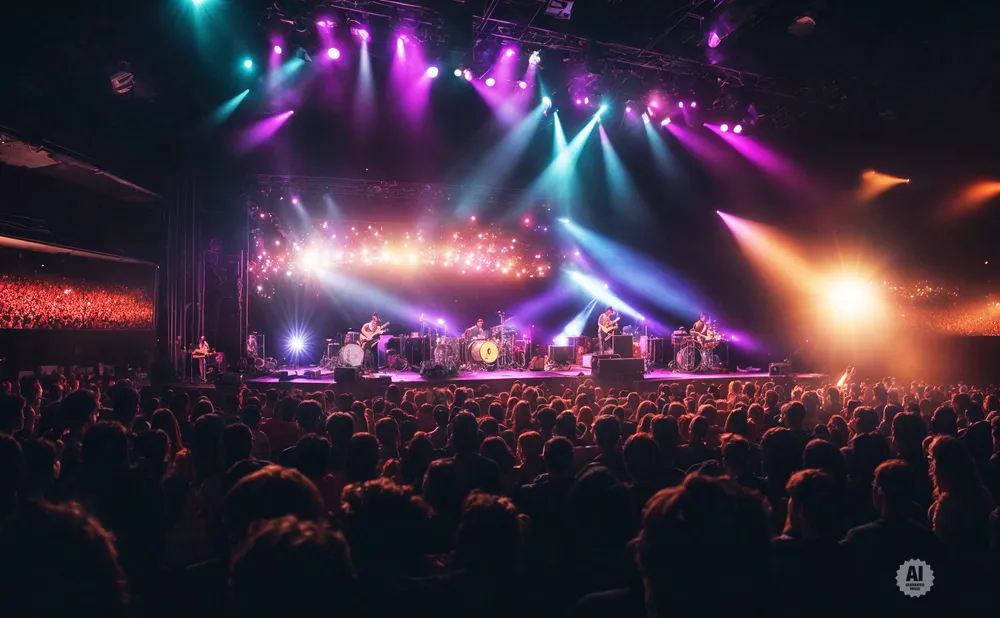 A band performs on a brightly lit stage for a large audience at a concert.