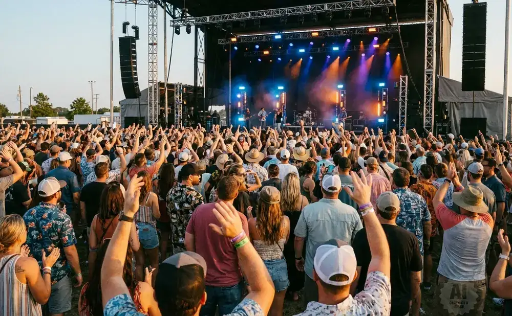 A large crowd cheers at an outdoor concert with a band performing on stage.