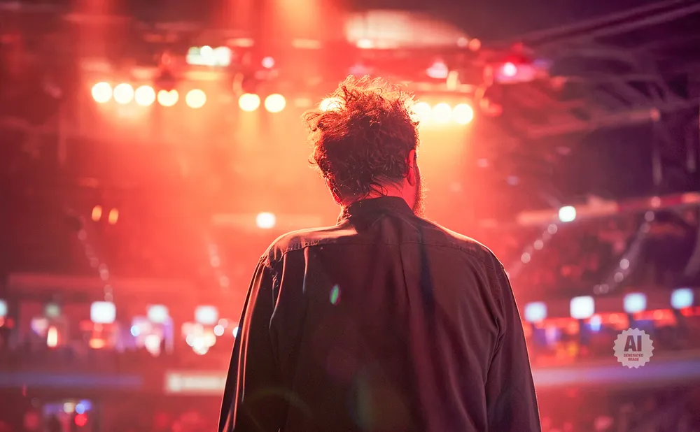 A person in a dark shirt faces away from the camera, illuminated by stage lights at a concert.
