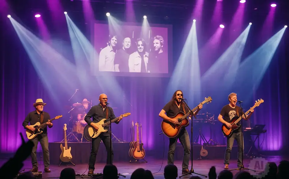 A band performs on stage under purple and white lights, with a photo of the band displayed on a screen behind them.