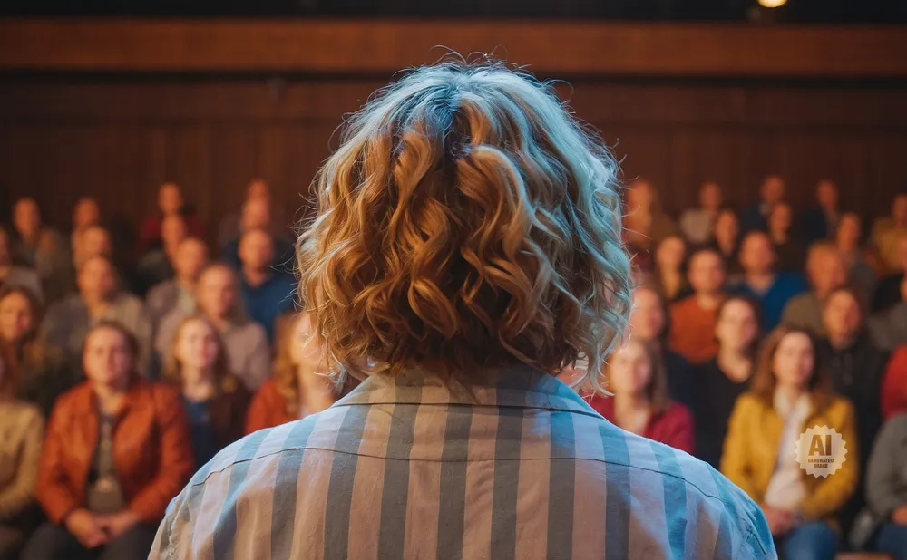 Back view of a speaker with curly blonde hair addressing an audience in a theater.