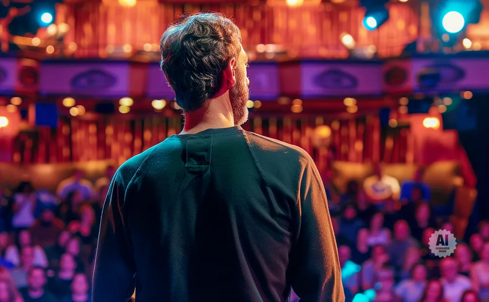 A man on stage faces away from the camera towards a blurred audience, illuminated by colorful stage lights.