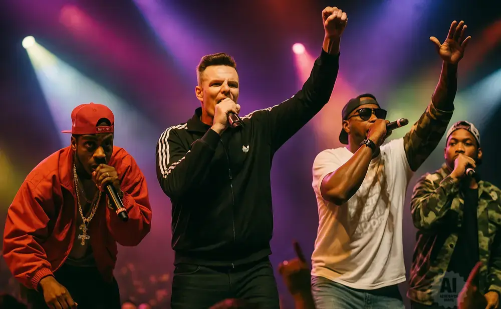 Rappers on stage under purple and yellow lights, holding microphones and gesturing to the crowd.
