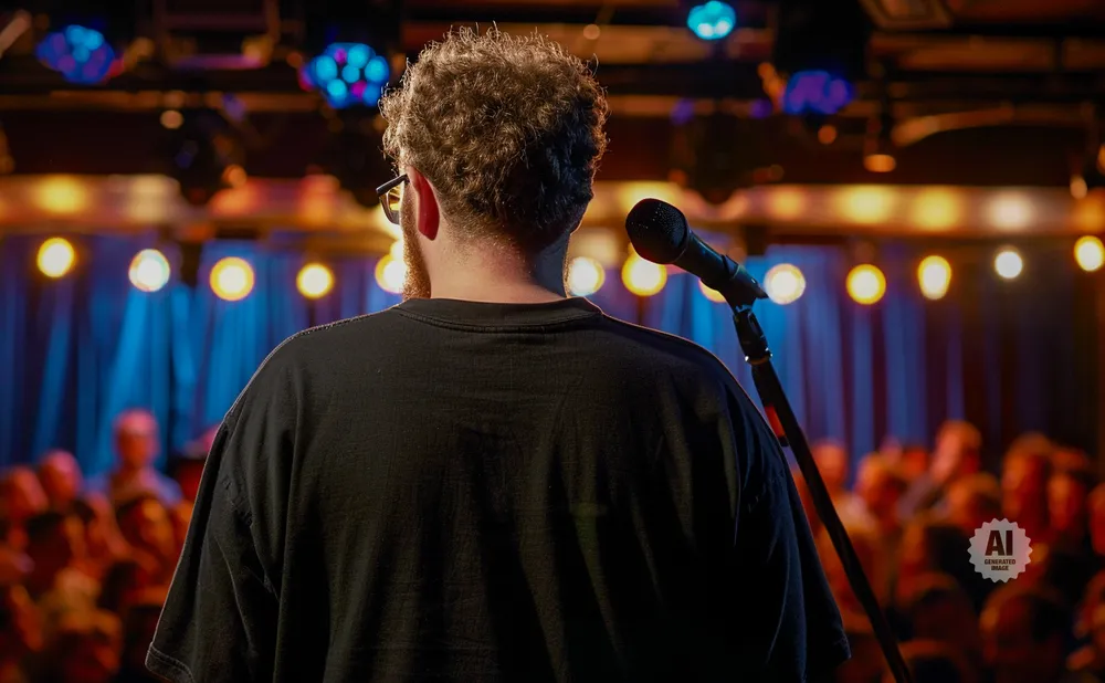 A person with curly hair faces away from the camera, standing on stage with a microphone in front of a blurred audience and colorful stage lights.