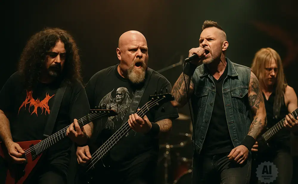 A heavy metal band performs on stage. Four men play instruments and sing.