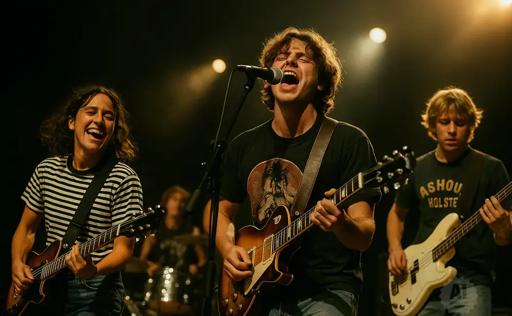 A band plays music on stage, with a female guitarist laughing, a male singer playing guitar, and a male bassist in the background.