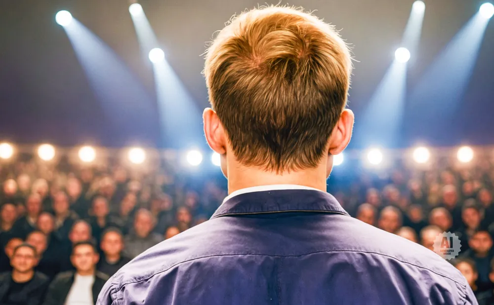 Man with blond hair facing away from the camera, speaking to a blurry audience under stage lights.
