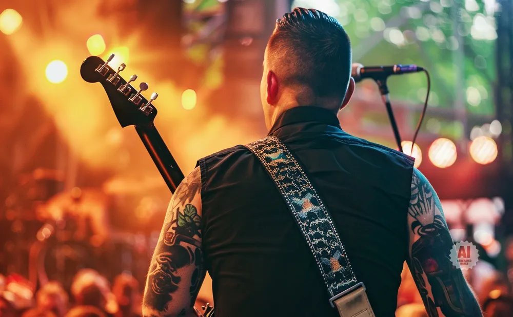 A guitarist with tattoos plays on a stage with warm lighting and bokeh effects.