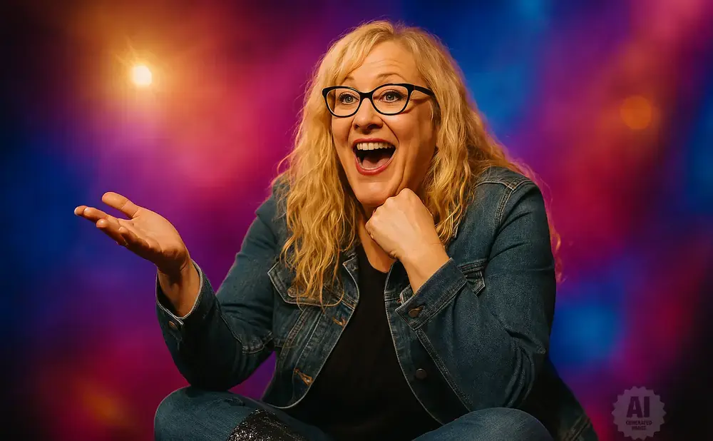 A woman with blonde curly hair and glasses laughs with her mouth open, her hand gesturing.
