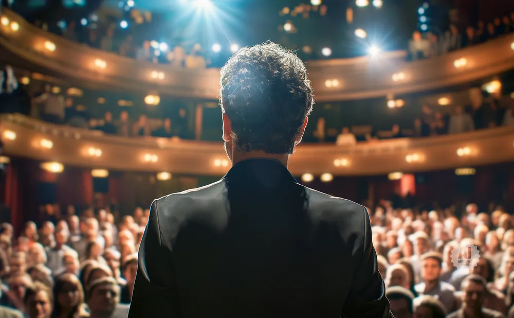 A man in a suit stands on stage facing a cheering audience in a theater.